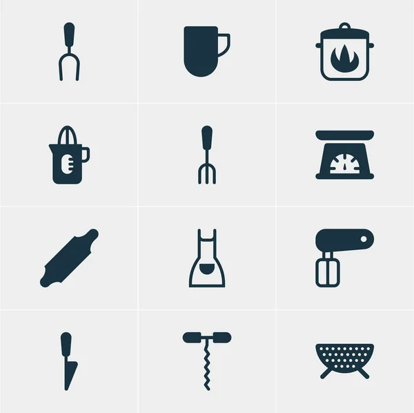 Vector εικονογράφηση 12 εικονίδια μαγειρικά σκεύη. Επεξεργάσιμο πακέτου μπλούζα εργασίας, μαχαίρι κουζίνας, εργαλείο μέτρησης και άλλα στοιχεία. — Διανυσματικό Αρχείο