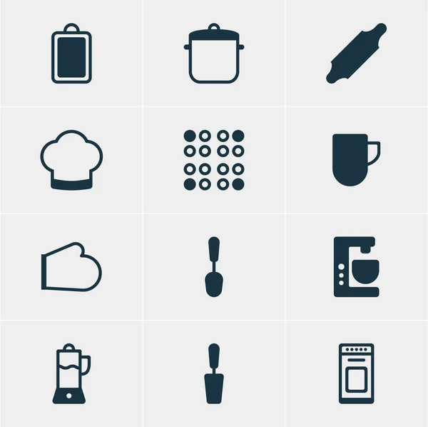 Ilustración vectorial de 12 iconos de cocina. Paquete editable de manoplas del horno, taza de té, sombrero del cocinero y otros elementos . — Archivo Imágenes Vectoriales