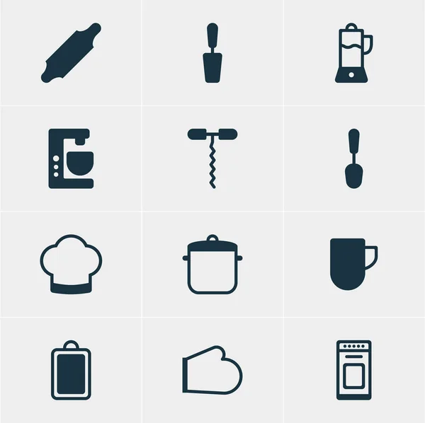 Ilustración vectorial de 12 iconos de restaurantes. Paquete editable de pan de sopa, mesa de picar, exprimidor de frutas y otros elementos . — Archivo Imágenes Vectoriales