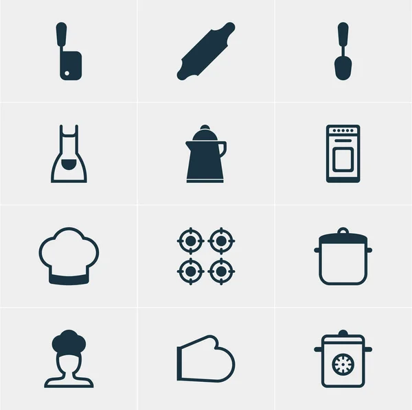 Vector Illustration of 12 Cooking Icons (dalam bahasa Inggris). Paket Dapat diedit Masak, Furnace, Sup Pan Dan Elemen Lainnya . - Stok Vektor