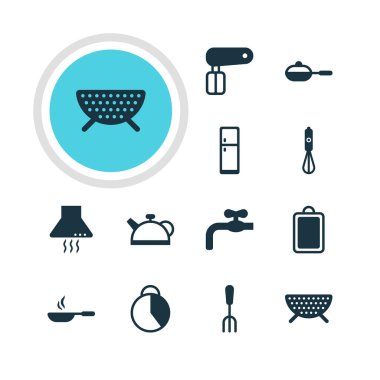 12 pişirme simgeler vektör Illustration. Zaman tutucu, kızartma tavası, elek ve diğer öğeleri düzenlenebilir paketi.