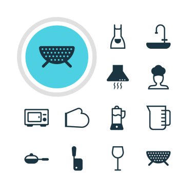 12 pişirme simgeler vektör Illustration. Fırın eldiveni, düzenlenebilir paket meyve sıkacağı, önlük ve diğer öğeleri.