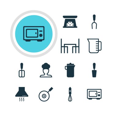 12 pişirme simgeler vektör Illustration. Spatula, aşçı, sürahi ve diğer öğeleri düzenlenebilir sürüsü.