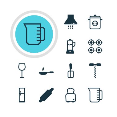 12 Restoran simgeler vektör Illustration. Ekmek, şarap, buzdolabı ve diğer öğeleri düzenlenebilir paketi.