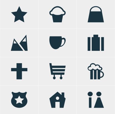 Check-In 12 simgeler vektör Illustration. Yer işareti, pasta, evrak ve diğer öğeleri düzenlenebilir paketi.