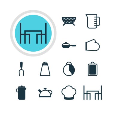 12 pişirme simgeler vektör Illustration. Düzenlenebilir Pack ibrik, Fırın eldivenleri, muvakkithane ve diğer öğeleri.