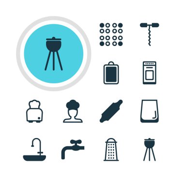 12 pişirme simgeler vektör Illustration. Aşçı, cam fincan, Barbekü ve diğer öğeleri düzenlenebilir sürüsü.