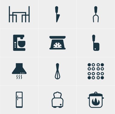 12 mutfak eşyaları simgeler vektör Illustration. Aspiratör cihazı, ekmek, mikser ve diğer öğeleri düzenlenebilir sürüsü.