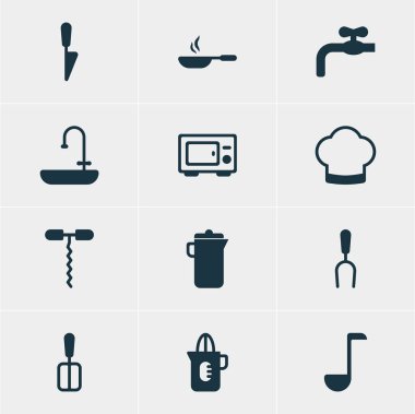 12 Restoran simgeler vektör Illustration. Çorba kaşığı, Spade, banyoya öğeleri pişirme düzenlenebilir sürüsü.