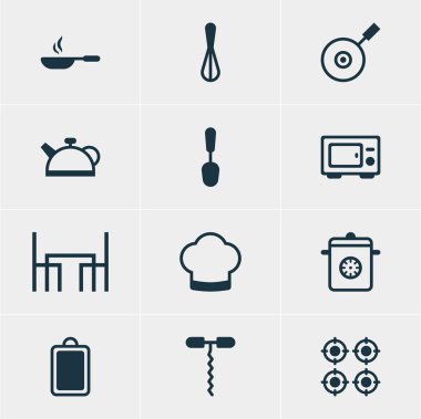 12 mutfak eşyaları simgeler vektör Illustration. Düzenlenebilir paket kızartma tavası, fırın, şarap açacağı ve diğer öğeleri.