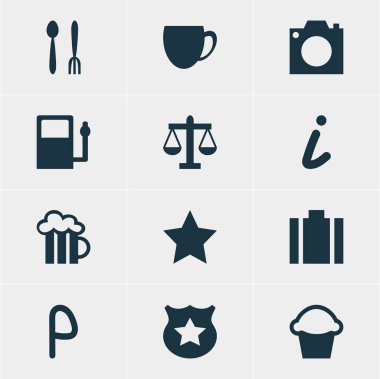 Check-In 12 simgeler vektör Illustration. Pasta, Otopark, bira bardağı ve diğer öğeleri düzenlenebilir sürüsü.