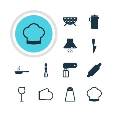 12 mutfak eşyaları simgeler vektör Illustration. Çırpma teli, elek, aspiratör cihazı ve diğer öğeleri düzenlenebilir sürüsü.