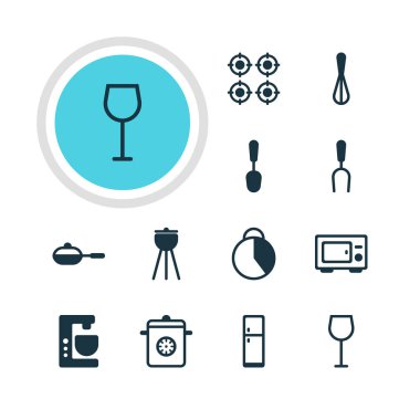 12 Restoran simgeler vektör Illustration. Buzdolabı, çorba, Izgara aracı ve diğer öğeleri düzenlenebilir paketi.