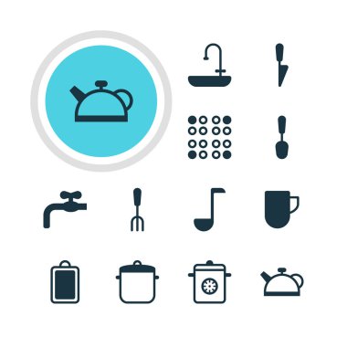 12 pişirme simgeler vektör Illustration. Çatal, Resepsiyon, musluk ve diğer öğeleri doğrama düzenlenebilir paketi.
