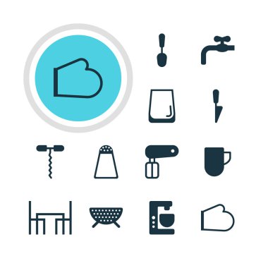 12 mutfak eşyaları simgeler vektör Illustration. Musluk, cam fincan, elek ve diğer öğeleri düzenlenebilir paketi.