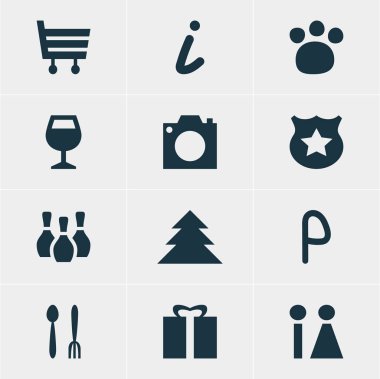 12 yerde simgeler vektör Illustration. Tuvalet, orman, hediye ve diğer öğeleri düzenlenebilir paketi.