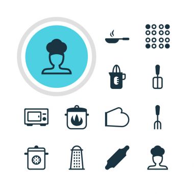 12 Restoran simgeler vektör Illustration. Spade, kızartma tavası, Fırın eldivenleri ve diğer öğeleri pişirme düzenlenebilir paketi.