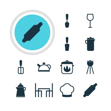 12 Restoran simgeler vektör Illustration. Spade, ibrik ve diğer öğeleri pişirme kabı, düzenlenebilir sürüsü.