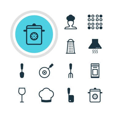 12 mutfak eşyaları simgeler vektör Illustration. Kasap bıçağı, tava, aşçı ve diğer öğeleri düzenlenebilir paketi.