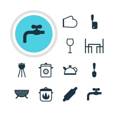 12 mutfak eşyaları simgeler vektör Illustration. Kasap bıçağı, şarap, elek ve diğer öğeleri düzenlenebilir paketi.