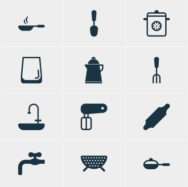 12 Restoran simgeler vektör Illustration. Vapur, elek, ekmek rulo ve diğer öğeleri düzenlenebilir sürüsü.