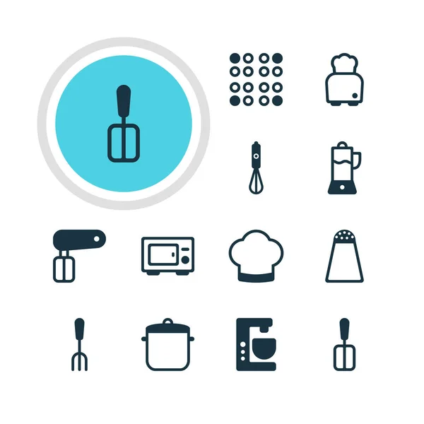 Ilustração vetorial de 12 ícones de utensílios de cozinha. Pacote editável de chapéu de chef, pão, uísque e outros elementos . — Vetor de Stock