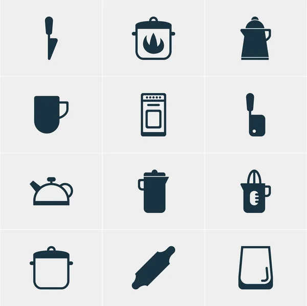 Illustration vectorielle de 12 icônes de restaurant. Pack modifiable de couteau de boucher, thé, tasse en verre et autres éléments . — Image vectorielle
