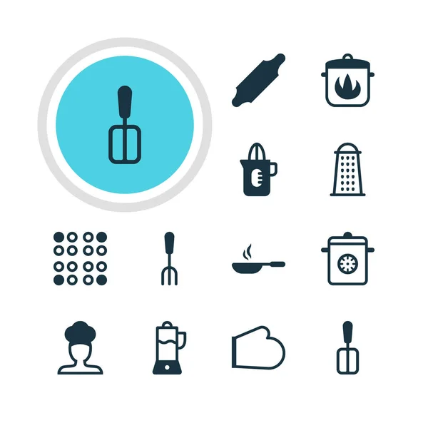Illustrazione vettoriale di 12 icone utensili da cucina. Pacchetto modificabile di cuoco, agitatore, affettatrice e altri elementi . — Vettoriale Stock