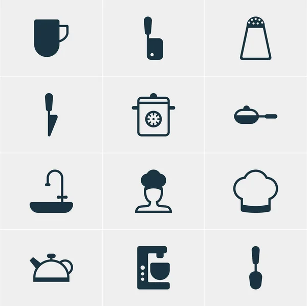 Ilustración vectorial de 12 iconos de restaurantes. Paquete editable de mezclador, cocinero, envase de pimienta y otros elementos . — Archivo Imágenes Vectoriales