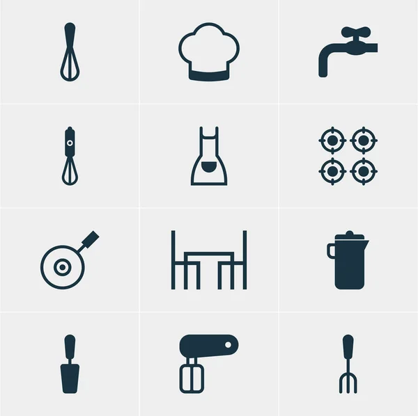 Ilustración vectorial de 12 iconos de utensilios de cocina. Paquete editable de horno, mesa de cena, sombrero de chef y otros elementos . — Archivo Imágenes Vectoriales