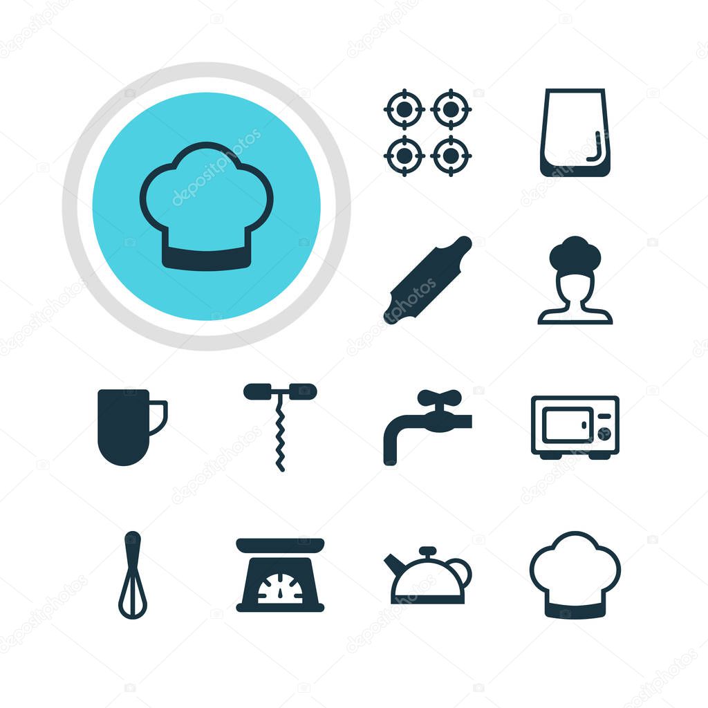 Vector Illustration Of 12 Kitchenware Icons. Editable Pack Of Teakettle, Wine Opener, Chef Hat And Other Elements.