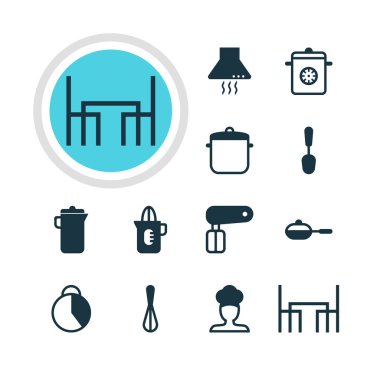 12 Restoran simgeler vektör Illustration. Pan, aşçı, muvakkithane ve diğer öğeleri düzenlenebilir sürüsü.