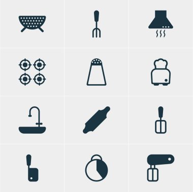 12 Restoran simgeler vektör Illustration. Zaman tutucu, biber konteyner, çatal ve diğer öğeleri düzenlenebilir paketi.