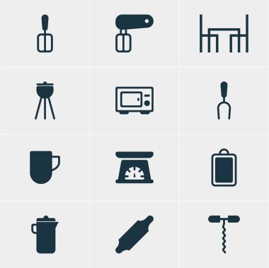 12 mutfak eşyaları simgeler vektör Illustration. Yemek Masası, sürahi, Barbekü aracı ve diğer öğeleri düzenlenebilir paketi.