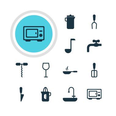 12 mutfak eşyaları simgeler vektör Illustration. Mutfak hançer, sürahi, şarap ve diğer öğeleri düzenlenebilir paketi.