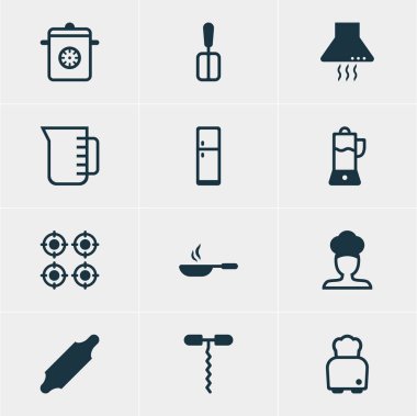 12 pişirme simgeler vektör Illustration. Şarap açacağı, sürahi, aspiratör cihazı ve diğer öğeleri düzenlenebilir sürüsü.