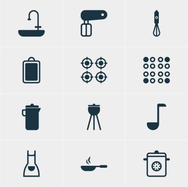 12 mutfak eşyaları simgeler vektör Illustration. Kızartma tavası, doğrama Danışma, Handmixer elemanlarının düzenlenebilir paketi.