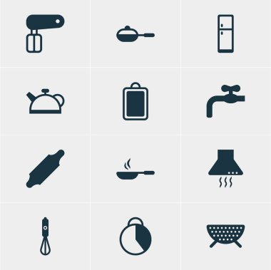12 pişirme simgeler vektör Illustration. Çırpma teli, Handmixer, Pan öğelerin düzenlenebilir paketi.