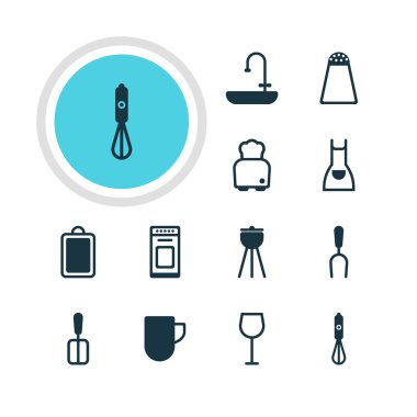 12 pişirme simgeler vektör Illustration. Barbekü aracı, fırın, şarap ve diğer öğeleri düzenlenebilir paketi.