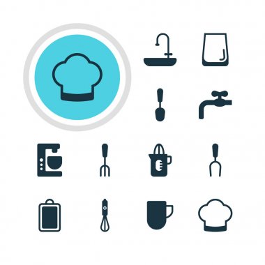 12 mutfak eşyaları simgeler vektör Illustration. Mikser, doğrama Danışma, Handmixer elemanlarının düzenlenebilir paketi.