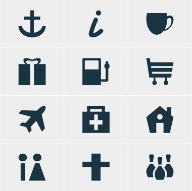 12 harita simgeler vektör Illustration. Alışveriş sepeti, uçak, harita bilgi ve diğer öğeleri düzenlenebilir paketi.