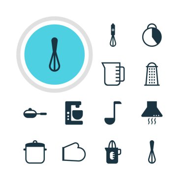 12 mutfak eşyaları simgeler vektör Illustration. Çorba Pan, Shaker, mikser ve diğer öğeleri düzenlenebilir paketi.