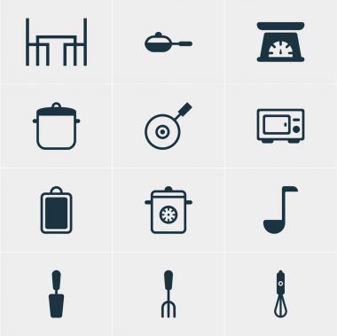 12 mutfak eşyaları simgeler vektör Illustration. Tavada, Resepsiyon, çorba kaşığı ve diğer öğeleri doğrama düzenlenebilir sürüsü.