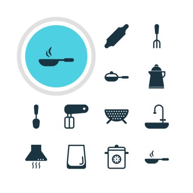 12 mutfak eşyaları simgeler vektör Illustration. Düzenlenebilir paket çatal, cam fincan, çırpma teli ve diğer öğeleri.