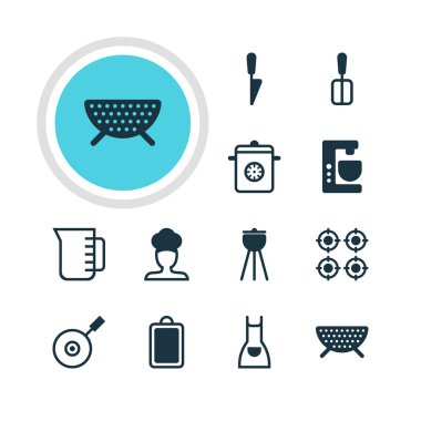 12 mutfak eşyaları simgeler vektör Illustration. Önlük, mutfak hançer, aşçı ve diğer öğeleri düzenlenebilir paketi.