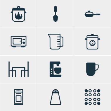 12 Restoran simgeler vektör Illustration. Çorba kaşığı, vapur, Ocak ve diğer öğeleri düzenlenebilir sürüsü.