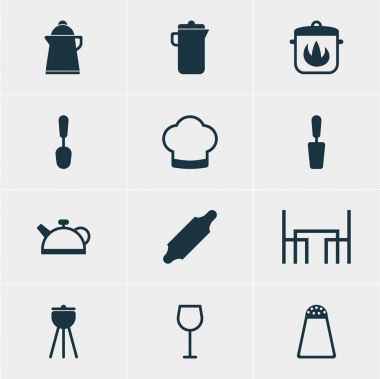 12 mutfak eşyaları simgeler vektör Illustration. Düzenlenebilir Pack ibrik, sürahi, yemek masası ve diğer öğeleri.