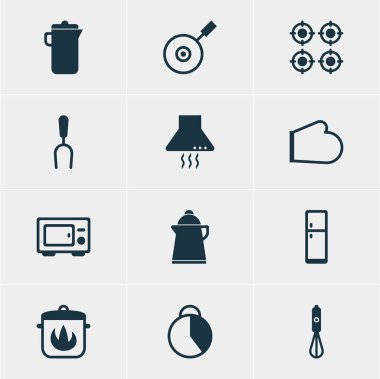 12 Restoran simgeler vektör Illustration. Handmixer, aspiratör cihazı, Fırın eldivenleri öğelerin düzenlenebilir paketi.