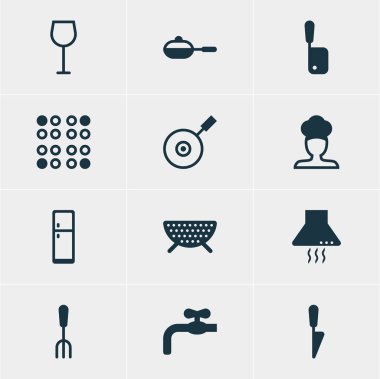 12 mutfak eşyaları simgeler vektör Illustration. Ocak, buzdolabı, şarap ve diğer öğeleri düzenlenebilir paketi.