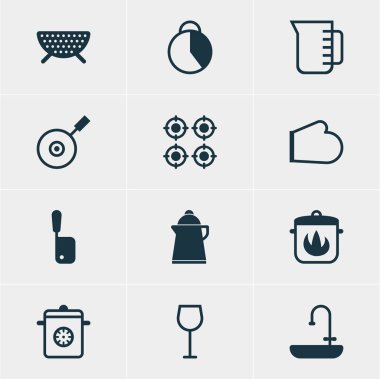 12 pişirme simgeler vektör Illustration. Tavada, çay, şarap ve diğer öğeleri düzenlenebilir paketi.